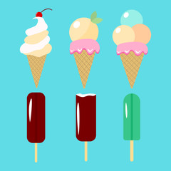 Collection of vector ice cream on blue background
