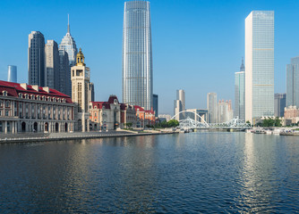 Tianjin city waterfront downtown skyline with Haihe river,China.