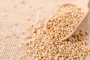 Mustard seeds in wooden scoope