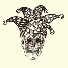 Skull in checkered jester hat, hand drawn doodle, sketch in woodcut style, black and white vector illustration - obrazy, fototapety, plakaty