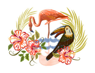 Tropical leaves. Exotic blossom Toucan and Flamingo Jungle arrangement. Floral Embroidered Pattern for Fabric. Embroidery tropical birds, Hawaii symbol hibiscus. EPS Vector illustration