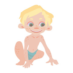 Little blond boy in panties sitting on the floor. Children's recreation on the beach. Vector illustration, isolated on white background.