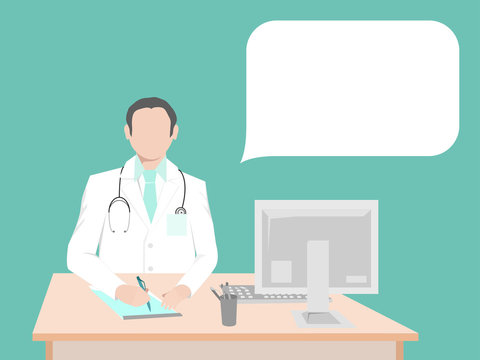 Doctor sitting at the desk in the office. To the right of doctors is a communication bubble. In bubble you can record your information.