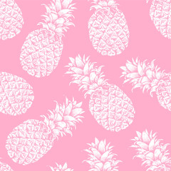 Abstract seamless pattern, wallpaper, background, backdrop. Pink with white hand drawn pineapple. Vector sketch, tropical exotic fruit. Template for printing, packaging, advertising, web design, card