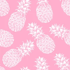 Foto op Aluminium Ananas Abstracte naadloze patroon, behang, achtergrond, achtergrond. Roze met witte handgetekende ananas. Vectorschets, tropisch exotisch fruit. Sjabloon voor afdrukken, verpakking, reclame, webdesign, kaart