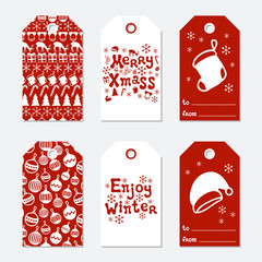 Christmas and New Year gift tags. Cards xmas set with hand drawing elements. Collection of holiday paper label in red and white. Seasonal badge sale design. Texture. Print. Vector illustration.