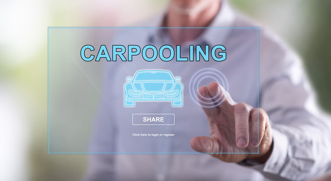 Man touching a carpooling concept on a touch screen