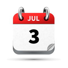 Bright realistic icon of calendar with 3 july date isolated on white