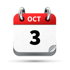 Bright realistic icon of calendar with 3 october date isolated on white