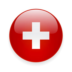 Round glossy icon with national flag of Switzerland on white background