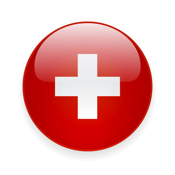 Round Glossy Icon With National Flag Of Switzerland On White Background