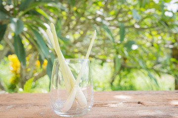 Fresh lemon grass on wood background