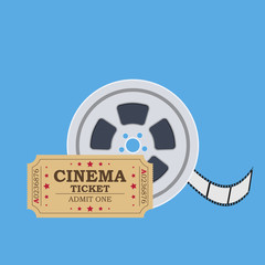 Retro cinema ticket and film reel.
