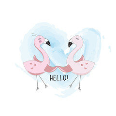 Cute flamingo in love background, hand drawn in vector