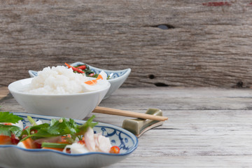 Spicy salted egg salad on wooden