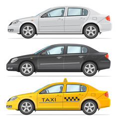 Set of vector business sedan and taxi. Black and White and Yellow colors. Side view isolated on white background. Photo realism