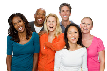 Multi ethnic group of friends smiling.