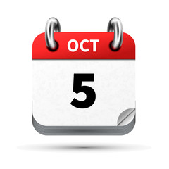 Bright realistic icon of calendar with 5 october date isolated on white