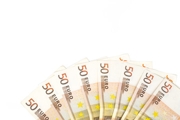 Half circle made with banknotes 50 euro european money on white background