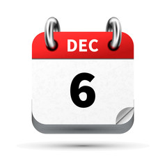 Bright realistic icon of calendar with 6 december date isolated on white