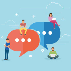 Speech bubbles for comment anf reply concept flat vector illustration of young people using mobile smartphone for texting and leaving comments in social networks. Guys and women sitting on big symbols - obrazy, fototapety, plakaty