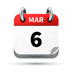 Bright realistic icon of calendar with 6 march date isolated on white