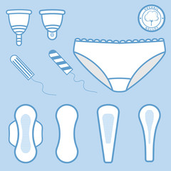 Feminine hygiene products set. Sanitary pads, tampons, menstrual cups, panties. Vector illustration.
