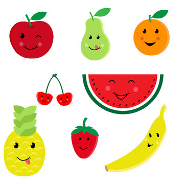 Cartoon fruit characters icon vector set