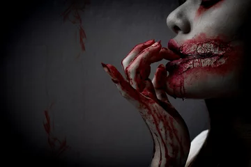 Zelfklevend Fotobehang Zombie women death the ghost drain hand blood skin is screaming  © Kiattisak