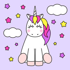 Cute childish cartoon character as magic rainbow hair unicorn