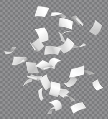 Group of flying or falling vector white papers isolated on transparent background - obrazy, fototapety, plakaty