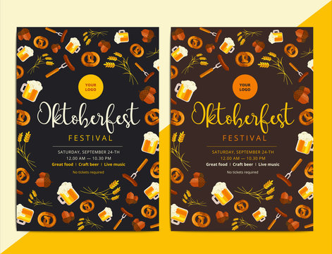 Oktoberfest vector poster background design. Octoberfest holiday banner layout. Party or event flyer with pattern and traditional bavarian symbols. Promo or promotional ad material.