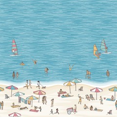 Summer illustration of tiny people walking, swimming, sunbathing and windsurfing at the beach with space for text