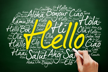 Hello word cloud in different languages of the world, education business concept on blackboard