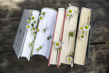 A stack of books with flowers between pages on a wooden rural table
