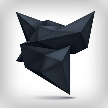Volume origami geometric shape, 3d levitation black crystal, creative low polygons dark object, vector design form