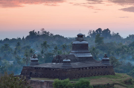 Famous Htukkanthein pagoda at sunset in Mrauk U Archaeological Zone, Rakhine state, Myanmar