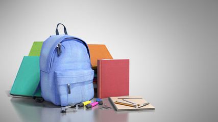 Blue backpack with school supplies 3d render on grey