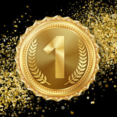 Fototapeta premium Gold Medal Vector. 1st Place Achievement. Winner, Champion, Number One. Olive Branch. Realistic illustration.