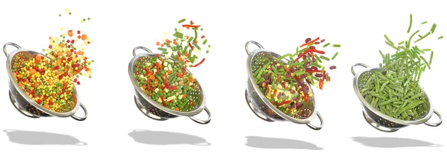 Photo sur Plexiglas Légumes frais Variété de légumes surgelés dans des passoires - fond blanc