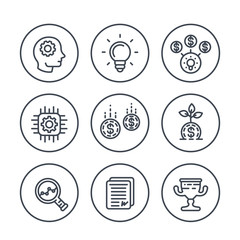 startup line icons on white, creative process, idea, initial capital, funding, innovation, ipo, growth, analytics