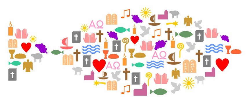 Bunte christliche Symbole bilden einen Fisch