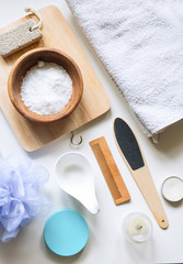 Spa elements on white table. Relax background top view.