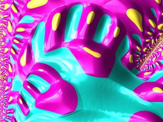 Fun abstraction "Happy Monster". Very bright Fractal. The mathematical algorithm formula, created in 3D. Consists of three colors of pink, yellow and blue. Render illustration high resolution