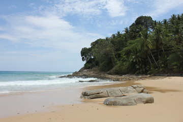 paradise beach with green bushes and trees on the coast and blue waves, thailand 