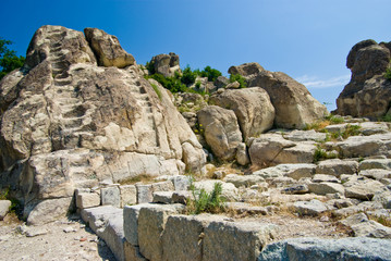 The ancient Thracian town of Perperikon in the Eastern Rhodopes, a 470-meter tall rocky hill,...