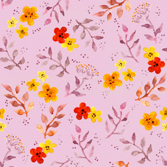 Seamless cute floral pattern with ditsy naive flowers and leaves. Watercolour