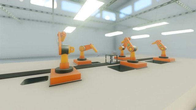 The robot arm collects a 3d printer in the factory.