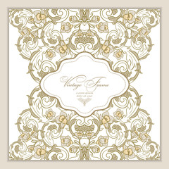 Vintage Greeting card for wedding, birthday and other holidays. Decorative Gold frame.