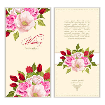 set Greeting card with bouquet flowers for wedding, birthday and other holidays. Floral  frame 